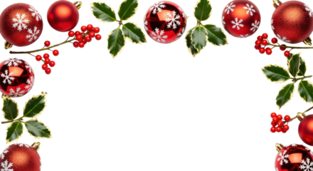 Festive flat lay of red christmas baubles, holly berries, and gold confetti on a transparent background. Modern christmas holiday concept