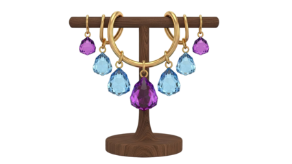 Gold Hoop Earrings with Purple and Blue Gemstone Dangles on Wooden Stand