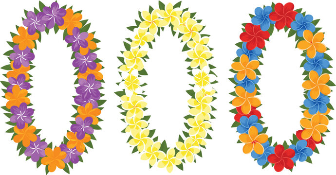 Colorful tropical flower lei wreath vector set featuring Hawaiian garlands, plumeria blossoms, and decorative island floral designs