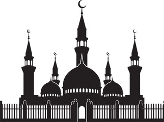 Silhouette of a mosque with minarets and crescent moon