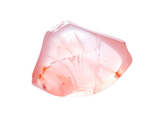 Translucent, irregularly shaped polished gem, shades of pink and red
