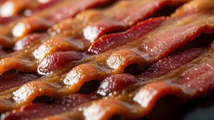 Close-up view of perfectly cooked crispy and glistening bacon strips, a savory breakfast delight