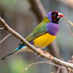 Colorful Gouldian Finch Perched on Branch with Vibrant Plumage.