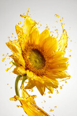 Sunflower sits in the center as sunflower oil splashes around it, all captured with high detail and clarity against a white background