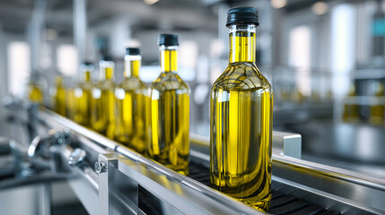 Bottles of olive and vegetable oil move smoothly along a conveyor at a contemporary factory, showcasing advanced equipment and bright lighting