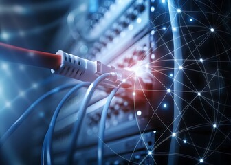 Close Up Network Cable Connected To Server Rack With Digital Overlay
