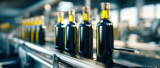 Tall, dark bottles of olive oil move gracefully along a conveyor belt in a vibrant production facility, showcasing the artistry of packaging and processing