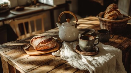 Rustic breakfast scene on a wooden table