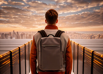 Fototapeta premium Man With Backpack Looking At City Skyline From Bridge At Sunset 