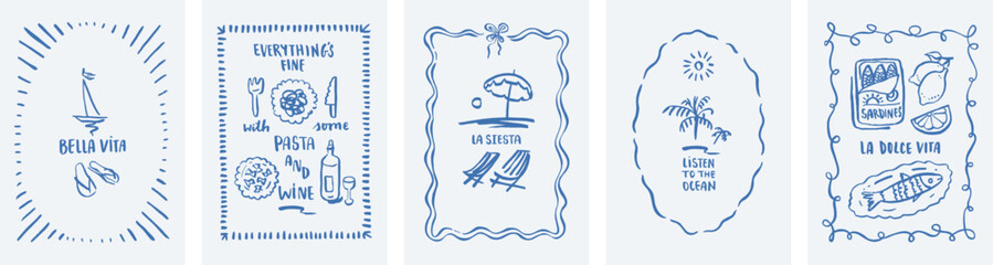 Whimsical Italy sketch posters. Vintage vector wall art. Mediterranean summer illustration with Italian food sketches, wine bottles, lemons, and beach elements in doodle style poster design © babayuka