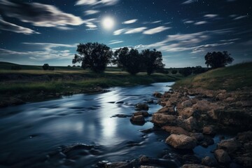 River reflecting the full moon and stars at night, surrounded by grassy hills and trees