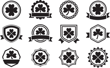 Set of twelve black shamrock emblems and badges with ribbons and decorative borders clover icon