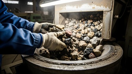 A person in a blue jacket and gloves handles rocks in a large industrial drum.