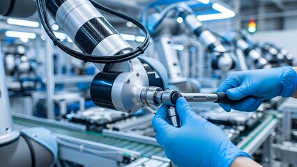 Technician in blue gloves assembling robotic arm in factory setting