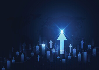 Business financial chart with moving up arrow graph in stock market on blue color background. Bullish point, Trend of graph. Vector illustration