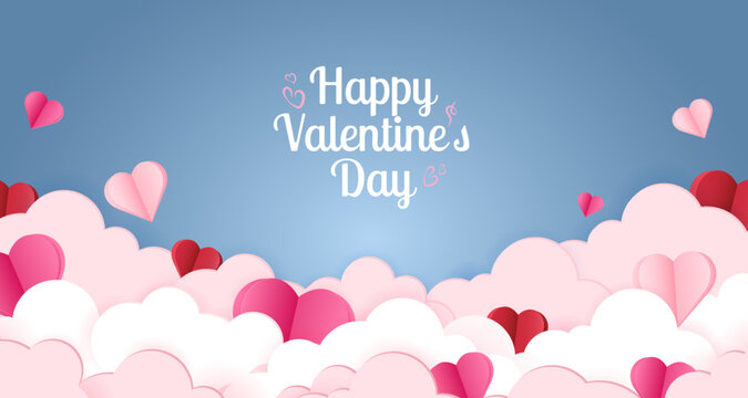 Valentine's Day banner with clouds and hearts in cut paper style.