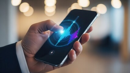 Closeup Businessman Hand using AI voice assistant on mobile device, representing natural language processing, voice command technology, and smart virtual help