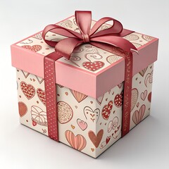 Cute Pink Gift Box with Ribbon and Heart Pattern for Love and Celebration on the white background.