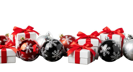 Red, silver, and black christmas baubles with gift boxes on a rustic wooden surface against a transparent background. Elegant holiday marketing concept