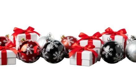 Red, silver, and black christmas baubles with gift boxes on a rustic wooden surface against a transparent background. Elegant holiday marketing concept