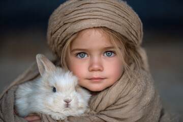 Small child wrapped in scarf holding white bunny, editable emotional image ideal for comfort, safety, childhood storytelling, and book illustration.