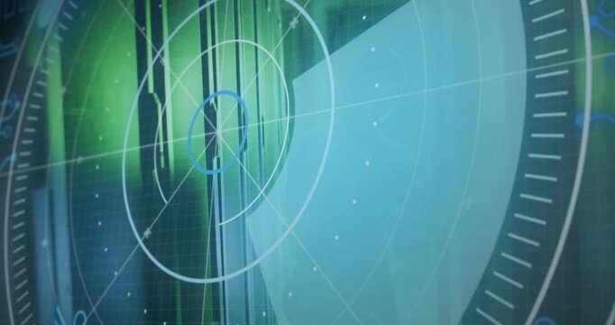 Examining large blueprint, person with radar screen animation in background