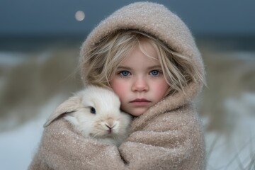 Child holding bunny outdoors in soft winter light, editable emotional portrait ideal for innocence, protection themes, and storytelling design.