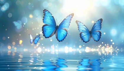 Three delicate blue butterflies flutter above a calm reflective water surface, soft glowing particles floating in the air, dreamy lighting, shallow depth of field, serene fantasy atmosphere.
