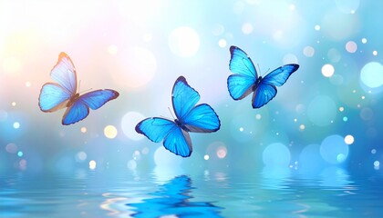 Three delicate blue butterflies flutter above a calm reflective water surface, soft glowing particles floating in the air, dreamy lighting, shallow depth of field, serene fantasy atmosphere.