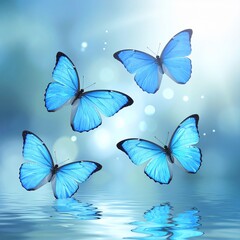 Three delicate blue butterflies flutter above a calm reflective water surface, soft glowing particles floating in the air, dreamy lighting, shallow depth of field, serene fantasy atmosphere.