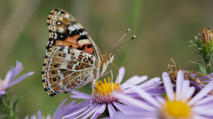A painted lady butterfly elegantly resting on a vibrant purple aster flower in a summer garden
