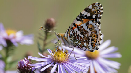 A painted lady butterfly delicately resting on a vibrant purple aster flower in a sunny garden