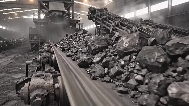 A dynamic, wide shot captures the robust industrial activity within a large-scale factory or processing plant, showcasing an automated conveyor belt system in full operation. Large quantities of raw m