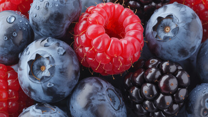 A vibrant and healthy assortment of fresh blueberries, raspberries, and blackberries close-up