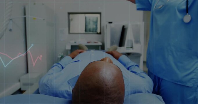 male patient lying on exam table in clinical health scene, provider raising arm with animated x-ray