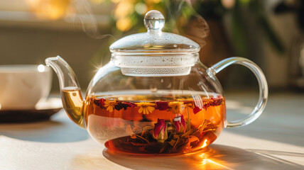 Steaming hot herbal tea infusing in a clear glass teapot with delicate rosebuds and chamomile