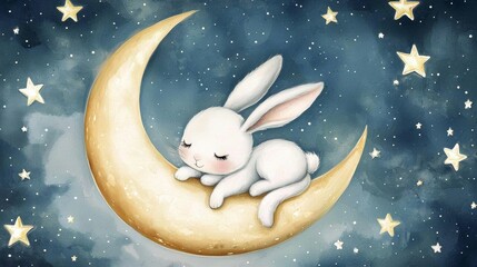 A whimsical depiction of a bunny on a moonlit night.