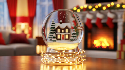 A charming christmas snow globe illuminated by festive lights in a cozy living room
