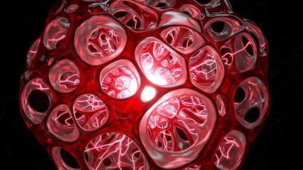 Red glowing virus cell with translucent surface