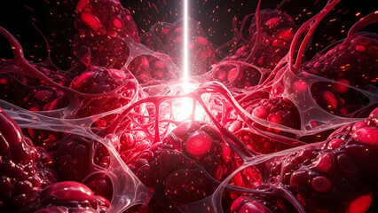 Vibrant red cells with glowing connections