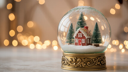 A charming snow globe with a festive red house and pine trees, illuminated by warm bokeh lights