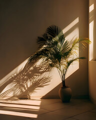 Sunlit Palm Plant Casting Shadows on Interior Wall