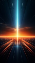Technological creative phone wallpaper style, futuristic grid landscape stretching into horizon, glowing lines, digital sun rising