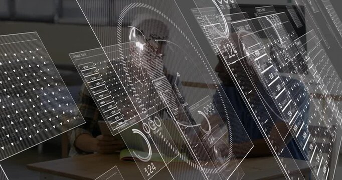 Translucent data panels materializing above desk, colleagues tapping tablet for currency analysis