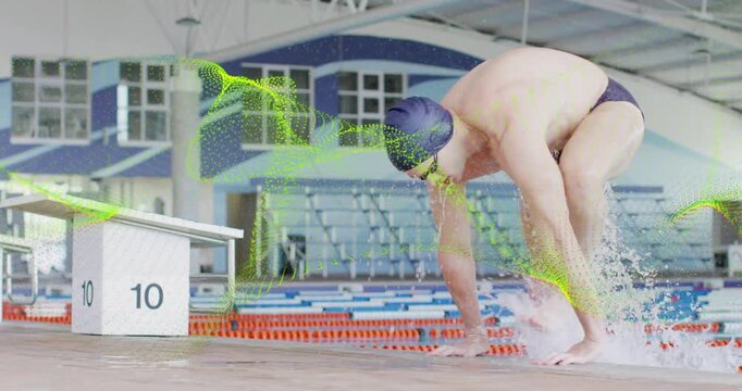 Green digital wave overlay initiating male swimmer exiting lane 10 onto deck for training sequence
