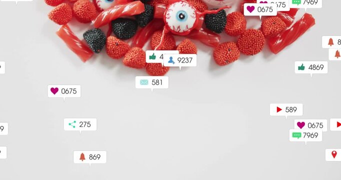 Icons drifting in from right showing engagement growth swirling around candies and eyeballs fading