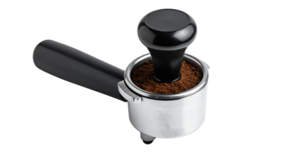 Espresso Tamper and Portafilter with Coffee Grounds on Transparent Background for Coffee Preparation and Barista Tools Product Photography
