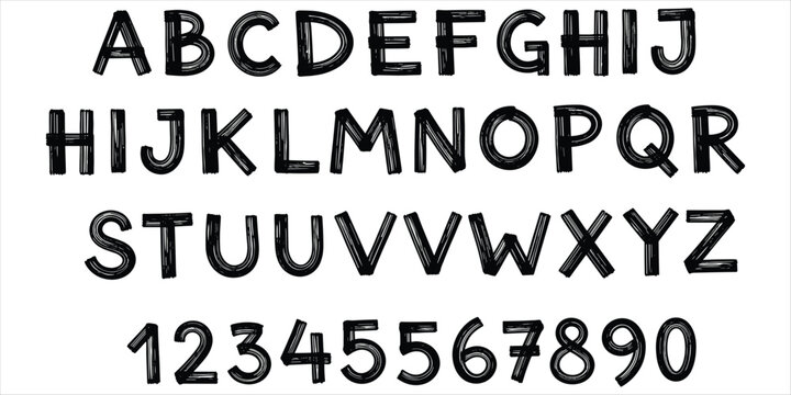 Complete alphabet A to Z and numbers 0 to 9 in hand drawn black font on white Keywords: alphabet, letters, numbers, font, hand