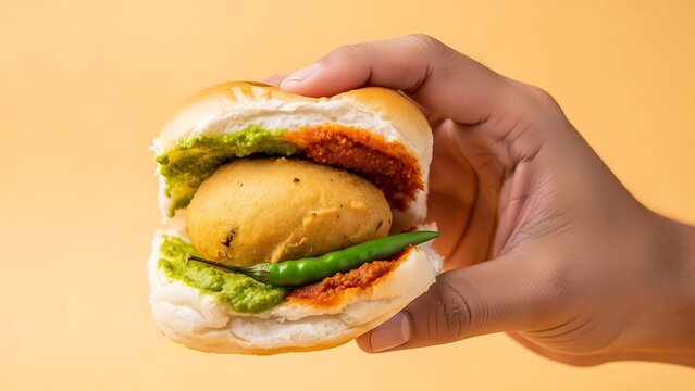 hand holding vada pav sandwich