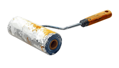 Used Paint Roller With White Paint Isolated On Transparent Background For Home Improvement And Painting Projects DIY And Construction Concepts